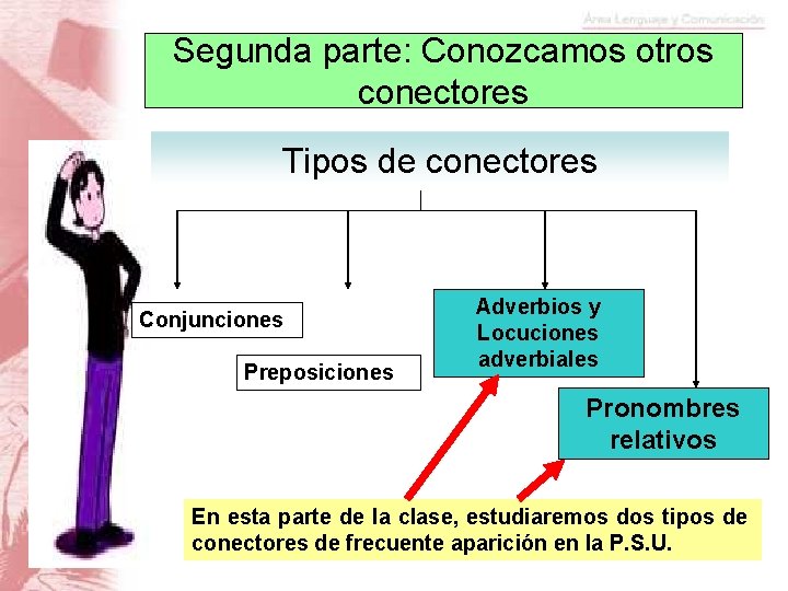 Segunda parte: Conozcamos otros conectores Tipos de conectores Conjunciones Preposiciones Adverbios y Locuciones adverbiales