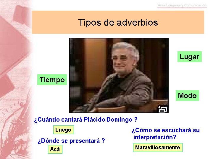 Tipos de adverbios Lugar Tiempo Modo ¿Cuándo cantará Plácido Domingo ? Luego ¿Dónde se
