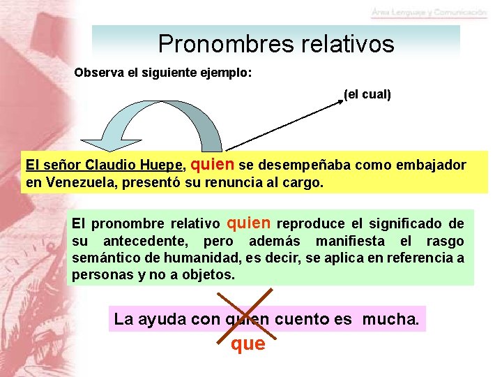 Pronombres relativos Observa el siguiente ejemplo: (el cual) El señor Claudio Huepe, quien se