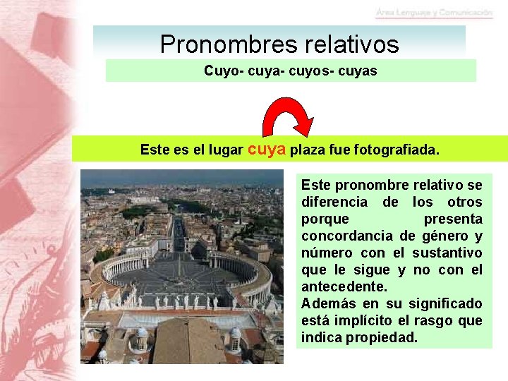 Pronombres relativos Cuyo- cuya- cuyos- cuyas Este es el lugar cuya plaza fue fotografiada.