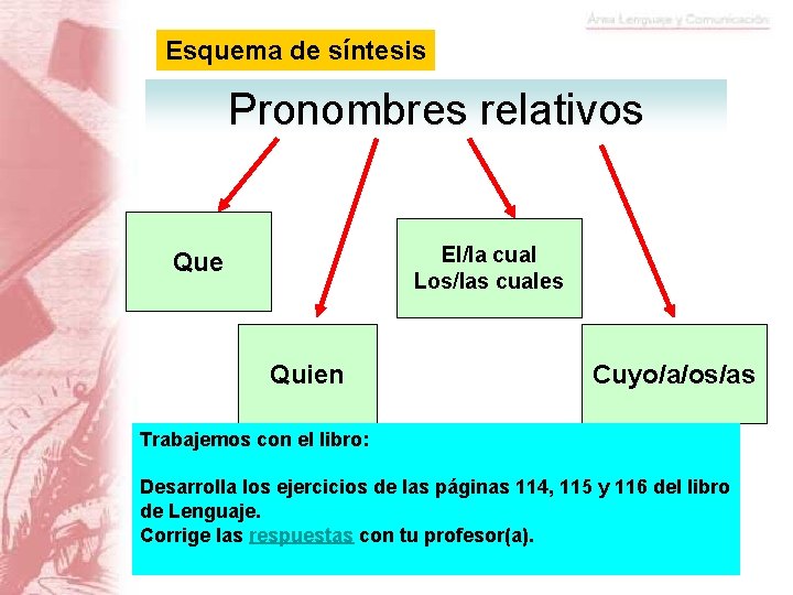 Esquema de síntesis Pronombres relativos El/la cual Los/las cuales Que Quien Cuyo/a/os/as Trabajemos con