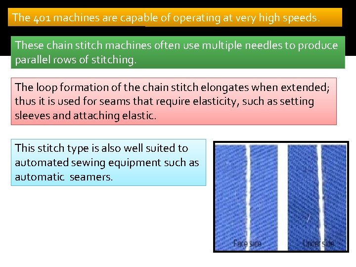 The 401 machines are capable of operating at very high speeds. These chain stitch