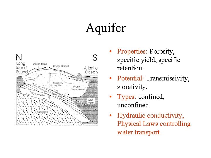 Aquifer • Properties: Porosity, specific yield, specific retention. • Potential: Transmissivity, storativity. • Types: