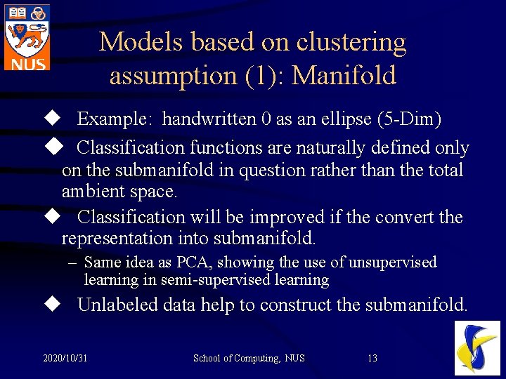 Models based on clustering assumption (1): Manifold u Example: handwritten 0 as an ellipse