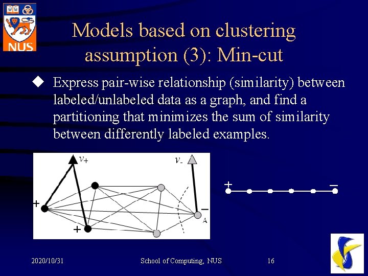 Models based on clustering assumption (3): Min-cut u Express pair-wise relationship (similarity) between labeled/unlabeled