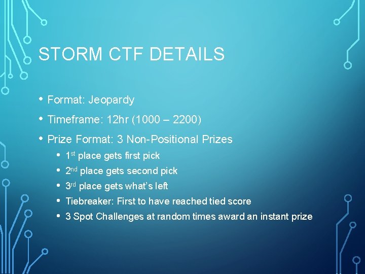 STORM CTF DETAILS • Format: Jeopardy • Timeframe: 12 hr (1000 – 2200) •