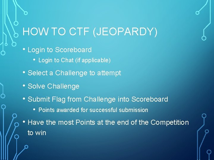 HOW TO CTF (JEOPARDY) • Login to Scoreboard • Login to Chat (if applicable)