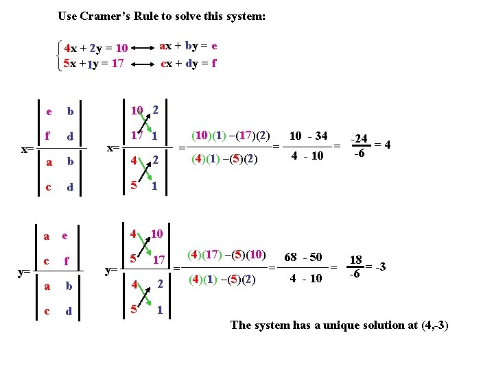 Use Cramer’s Rule to solve this system: ax + by = e cx +