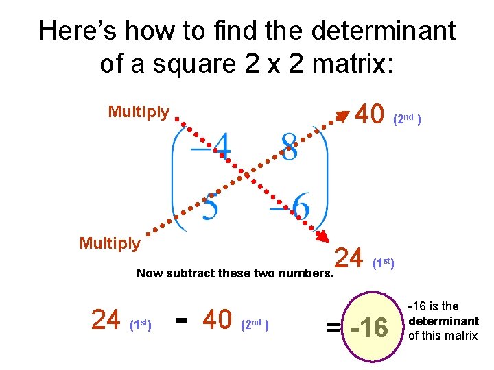 Here’s how to find the determinant of a square 2 x 2 matrix: 40