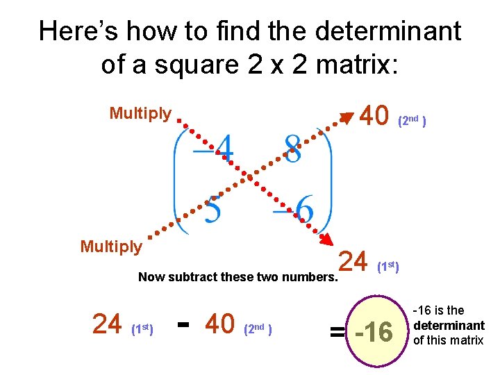 Here’s how to find the determinant of a square 2 x 2 matrix: 40 Here’s how to find the determinant of a square 2 x 2 matrix: 40