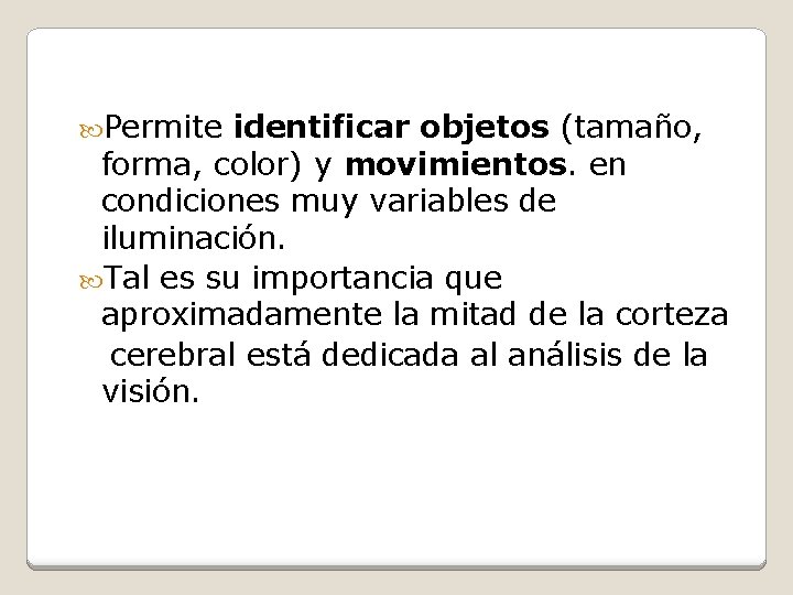  Permite identificar objetos (tamaño, forma, color) y movimientos. en condiciones muy variables de