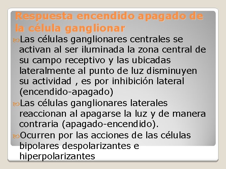 Respuesta encendido apagado de la célula ganglionar Las células ganglionares centrales se activan al