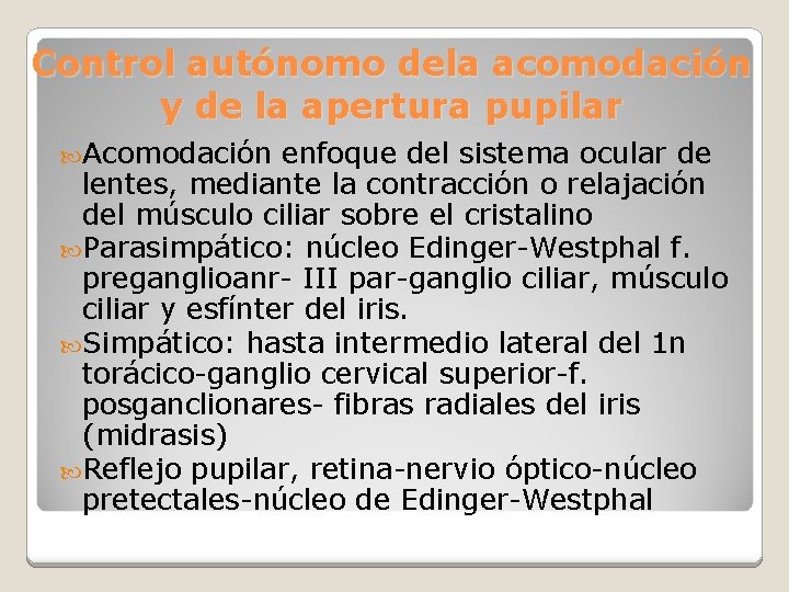 Control autónomo dela acomodación y de la apertura pupilar Acomodación enfoque del sistema ocular