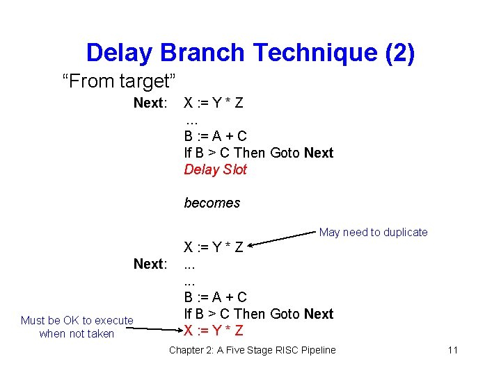 Delay Branch Technique (2) “From target” Next: X : = Y * Z. .