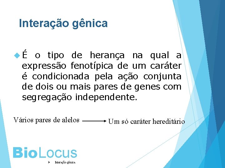 Interação gênica É o tipo de herança na qual a expressão fenotípica de um