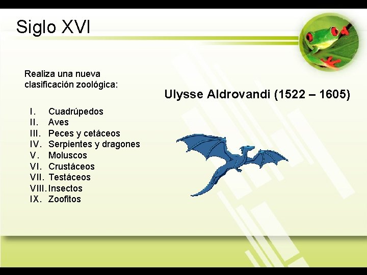 Siglo XVI Realiza una nueva clasificación zoológica: I. Cuadrúpedos II. Aves III. Peces y