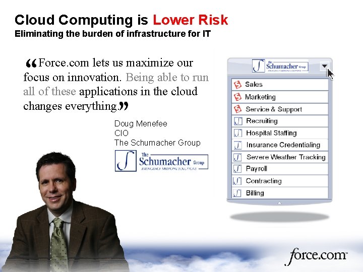 Cloud Computing is Lower Risk Eliminating the burden of infrastructure for IT Force. com