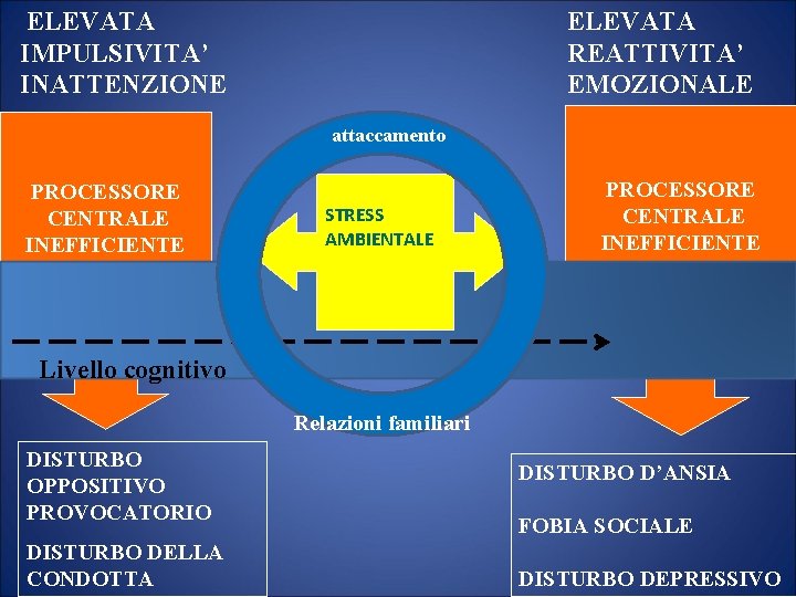 ELEVATA IMPULSIVITA’ INATTENZIONE ELEVATA REATTIVITA’ EMOZIONALE attaccamento PROCESSORE CENTRALE INEFFICIENTE STRESS AMBIENTALE PROCESSORE CENTRALE