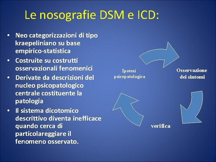 Le nosografie DSM e ICD: • Neo categorizzazioni di tipo kraepeliniano su base empirico-statistica