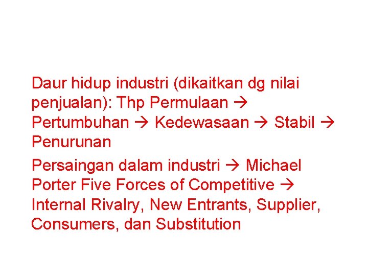 Daur hidup industri (dikaitkan dg nilai penjualan): Thp Permulaan Pertumbuhan Kedewasaan Stabil Penurunan Persaingan