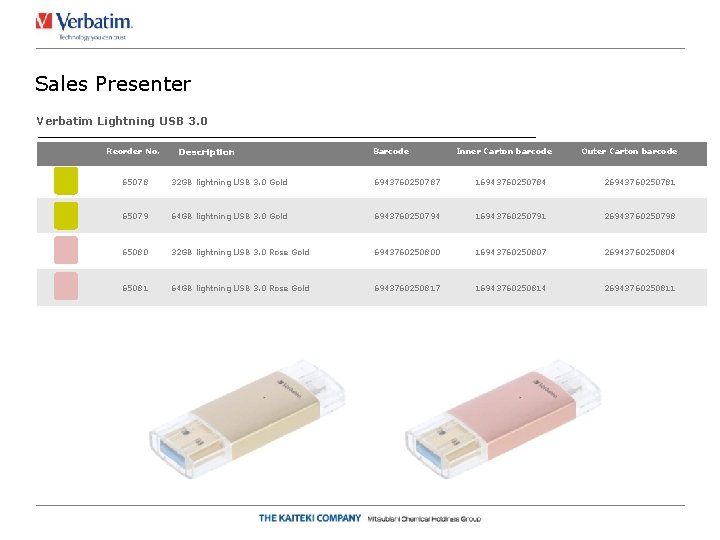 Sales Presenter Verbatim Lightning USB 3. 0 Reorder No. Description Barcode Inner Carton barcode