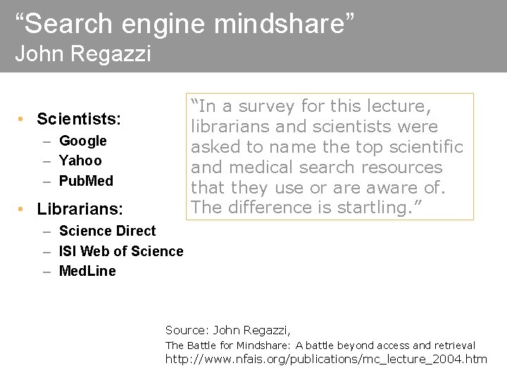 “Search engine mindshare” John Regazzi “In a survey for this lecture, librarians and scientists