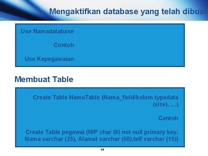 Mengaktifkan database yang telah dibuat Use Namadatabase Contoh Use Kepegawaian Membuat Table Create Table