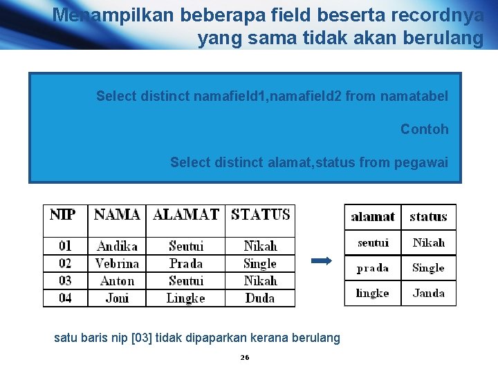 Menampilkan beberapa field beserta recordnya yang sama tidak akan berulang Select distinct namafield 1,