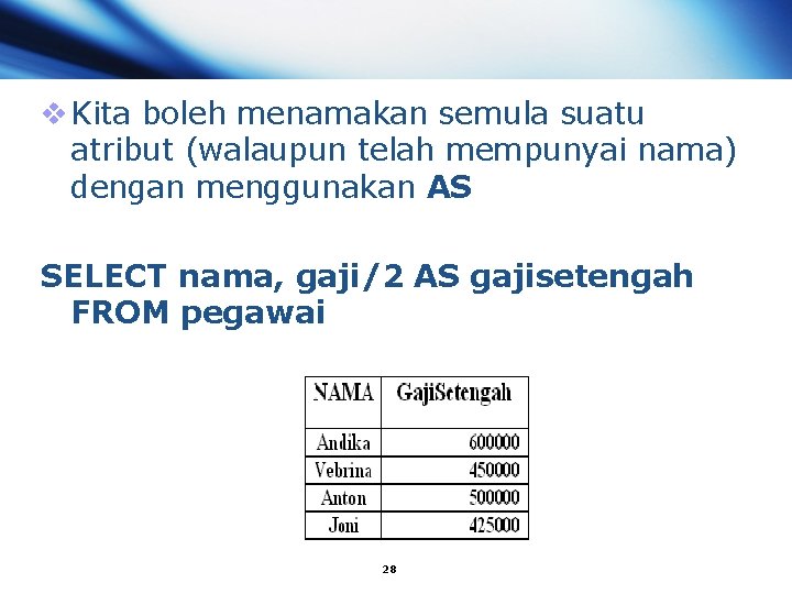 v Kita boleh menamakan semula suatu atribut (walaupun telah mempunyai nama) dengan menggunakan AS
