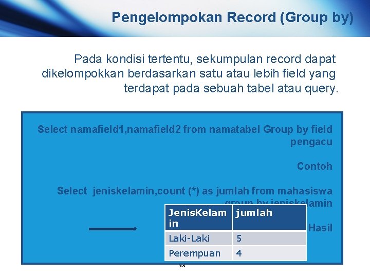 Pengelompokan Record (Group by) Pada kondisi tertentu, sekumpulan record dapat dikelompokkan berdasarkan satu atau