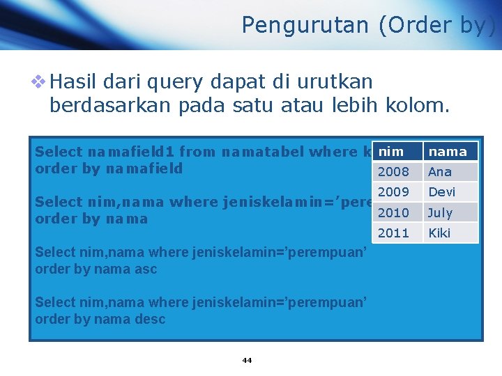 Pengurutan (Order by) v Hasil dari query dapat di urutkan berdasarkan pada satu atau