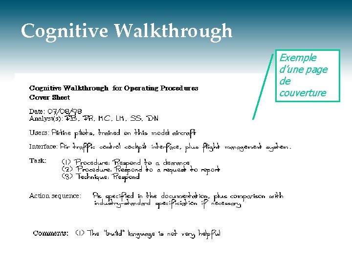 Cognitive Walkthrough Exemple d’une page de couverture 