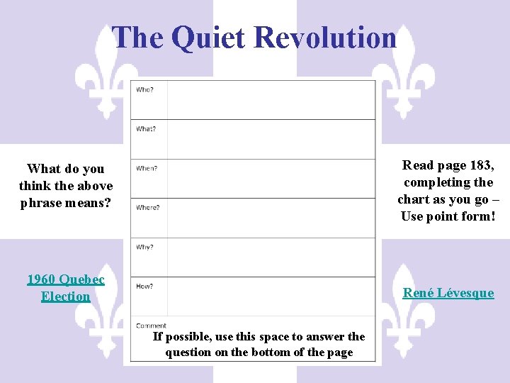 The Quiet Revolution What do you think the above phrase means? Read page 183,