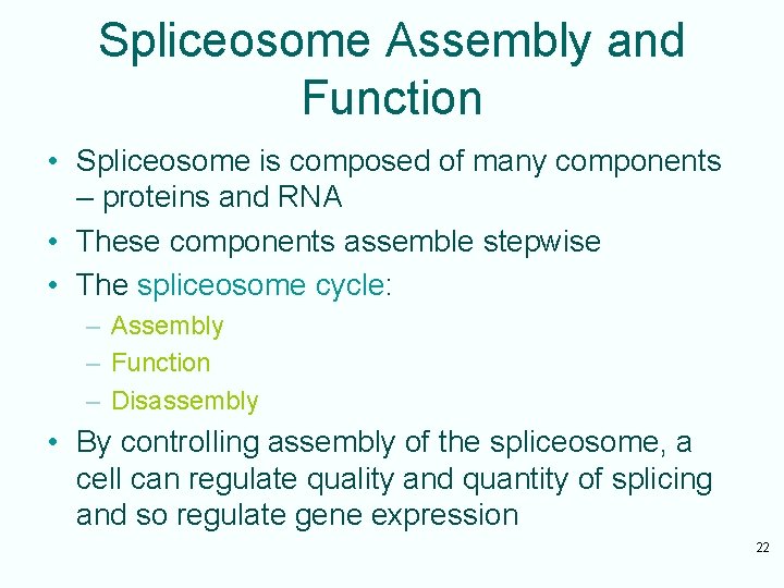 Spliceosome Assembly and Function • Spliceosome is composed of many components – proteins and