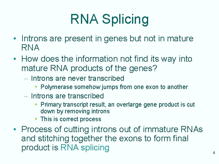 RNA Splicing • Introns are present in genes but not in mature RNA •