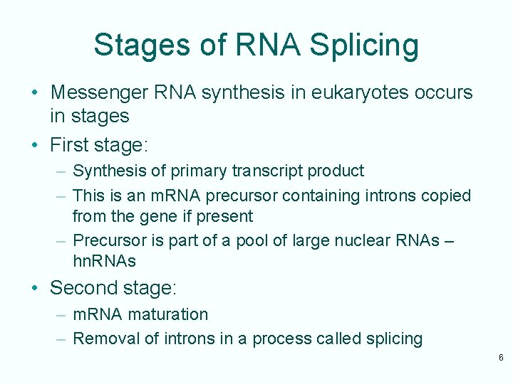 Stages of RNA Splicing • Messenger RNA synthesis in eukaryotes occurs in stages •