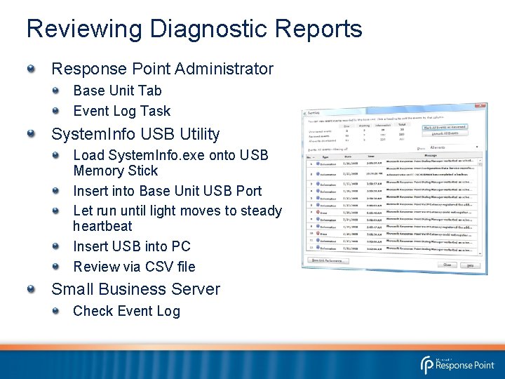 Reviewing Diagnostic Reports Response Point Administrator Base Unit Tab Event Log Task System. Info