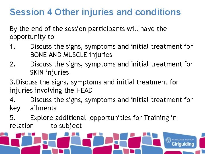 Session 4 Other injuries and conditions By the end of the session participants will