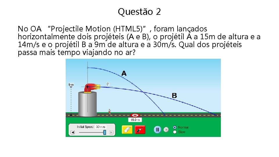 Questão 2 No OA “Projectile Motion (HTML 5)”, foram lançados horizontalmente dois projéteis (A