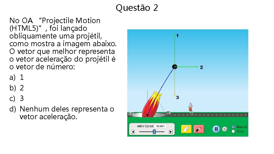 Questão 2 No OA “Projectile Motion (HTML 5)”, foi lançado obliquamente uma projétil, como