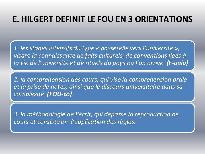 E. HILGERT DEFINIT LE FOU EN 3 ORIENTATIONS 1. les stages intensifs du type