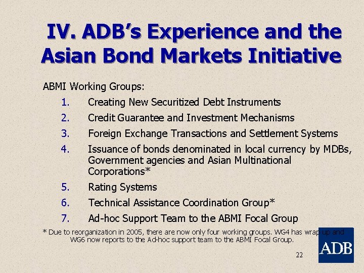 IV. ADB’s Experience and the Asian Bond Markets Initiative ABMI Working Groups: 1. Creating