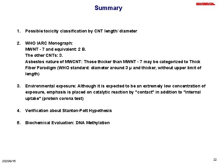 Summary 2020/9/15 ＣＯＮＦＩＤＥＮＴＩＡＬ 1. Possible toxicity classification by CNT length/ diameter 2. WHO IARC