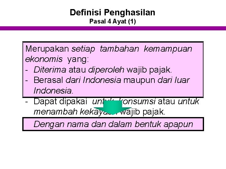 Definisi Penghasilan Pasal 4 Ayat (1) Merupakan setiap tambahan kemampuan ekonomis yang: - Diterima