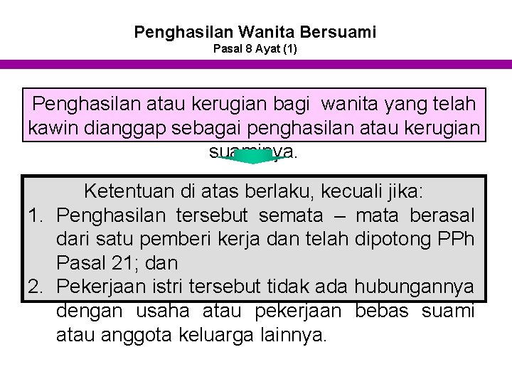 Penghasilan Wanita Bersuami Pasal 8 Ayat (1) Penghasilan atau kerugian bagi wanita yang telah