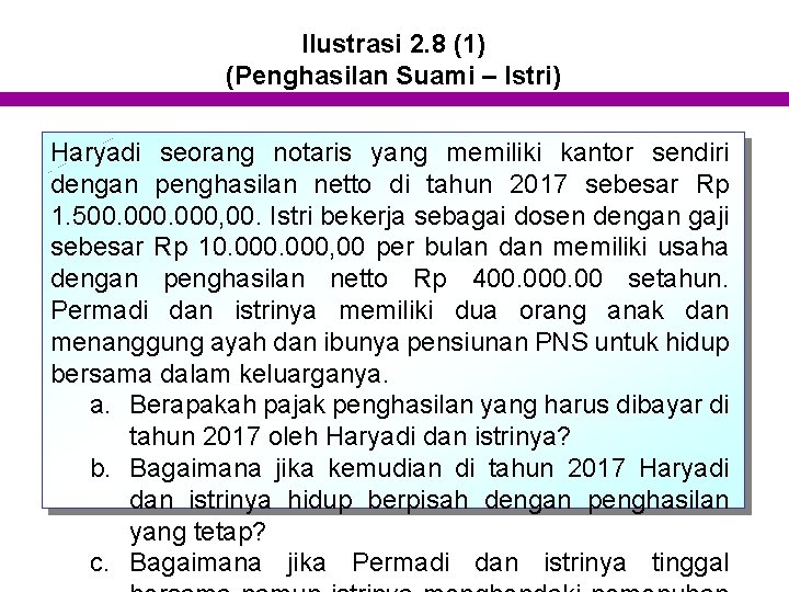 Ilustrasi 2. 8 (1) (Penghasilan Suami – Istri) Haryadi seorang notaris yang memiliki kantor