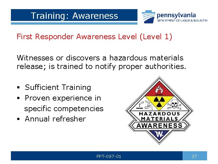 Training: Awareness First Responder Awareness Level (Level 1) Witnesses or discovers a hazardous materials