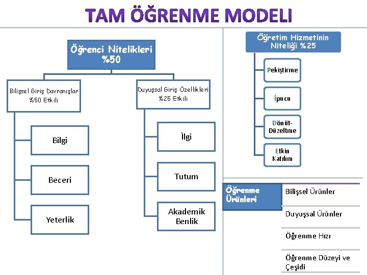 Öğretim Hizmetinin Niteliği %25 Öğrenci Nitelikleri %50 Pekiştirme Bilişsel Giriş Davranışlar %50 Etkili Bilgi