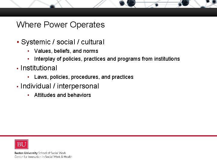 Where Power Operates Boston University Slideshow Title Goes Here ▪ Systemic / social /