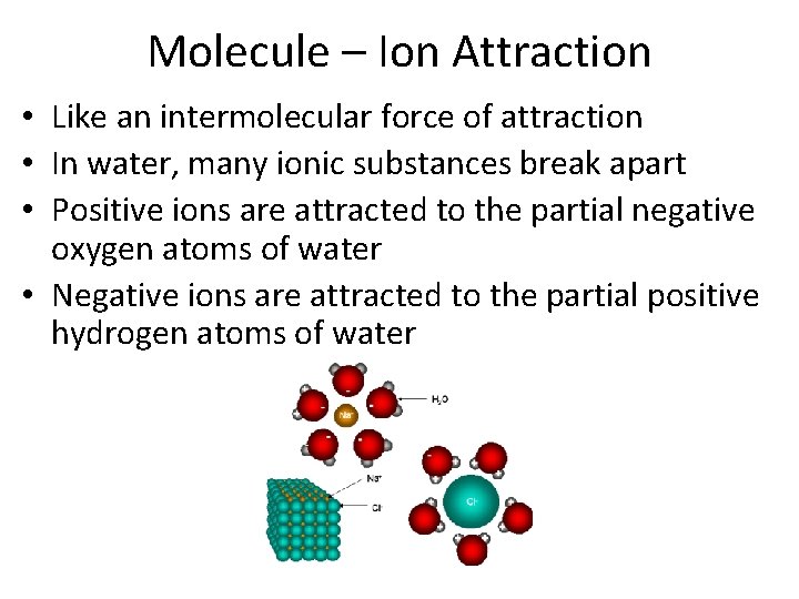 Molecule – Ion Attraction • Like an intermolecular force of attraction • In water,
